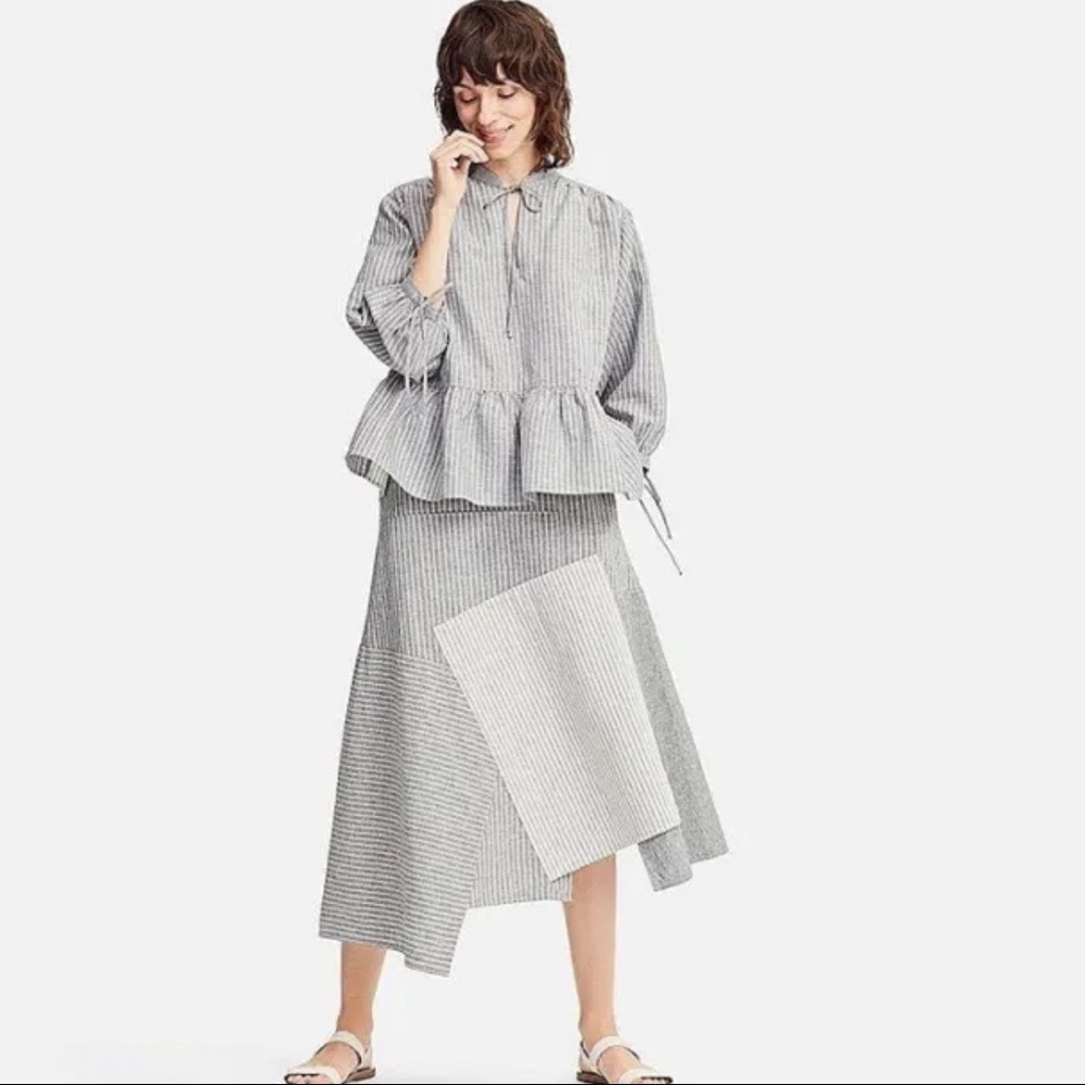JW Anderson Uniqlo gray striped peplum balloon sleeve linen blouse top L - Picture 1 of 13